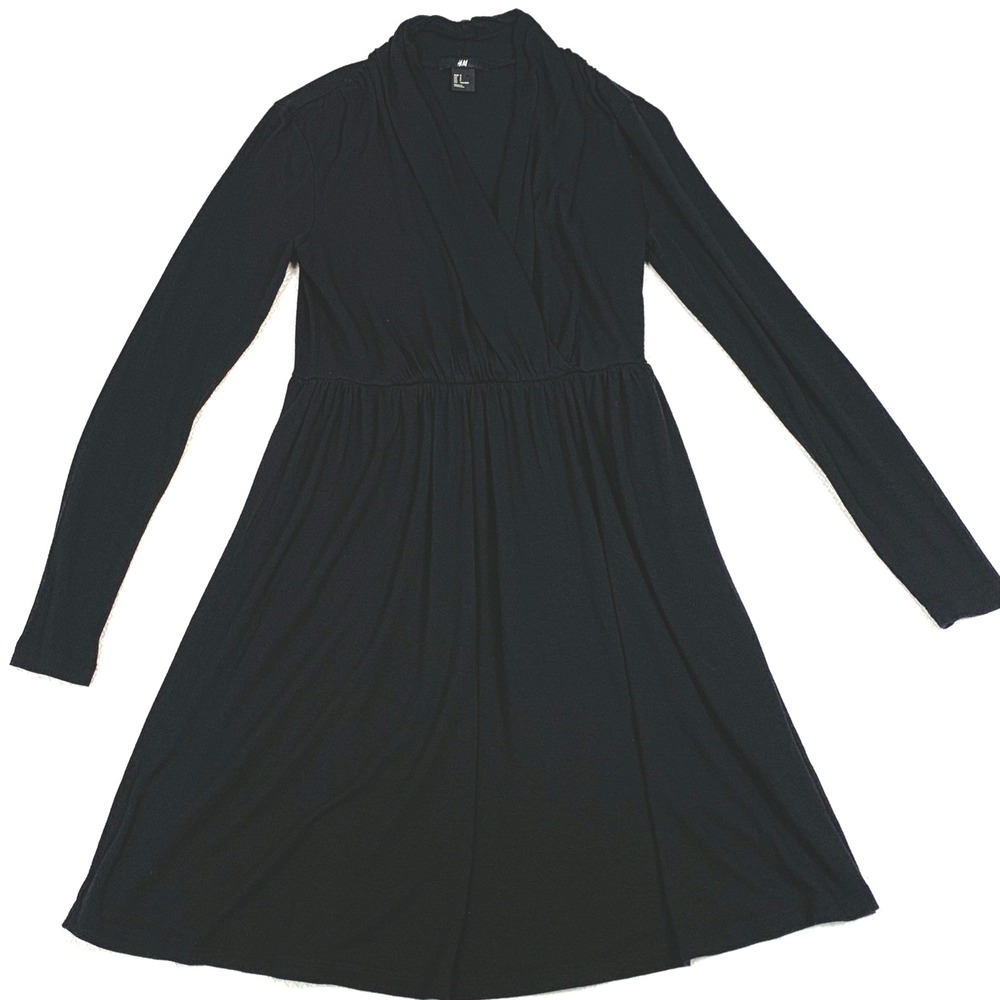 H&M Black Faux Wrap Dress Womens Size Small Long Sleeve Minimalist Chic